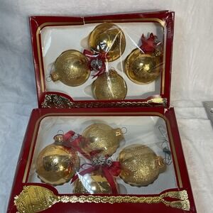 Vtg LOT OF 8 Blown Glass Christmas Ornaments Gold Balls Glitter Pine Cones Trees